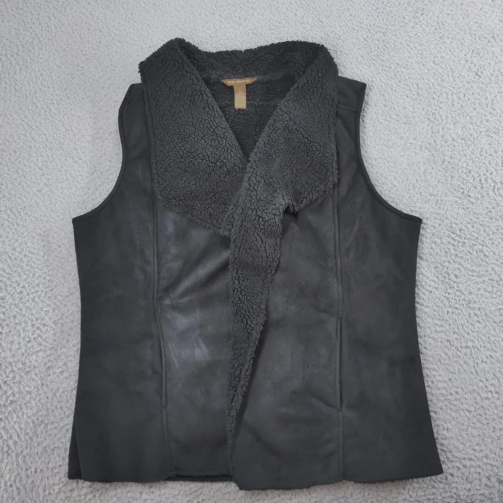 Bit & Bridle Vest Womens Large Black Faux Suede Leather Sherpa Collar Open Front